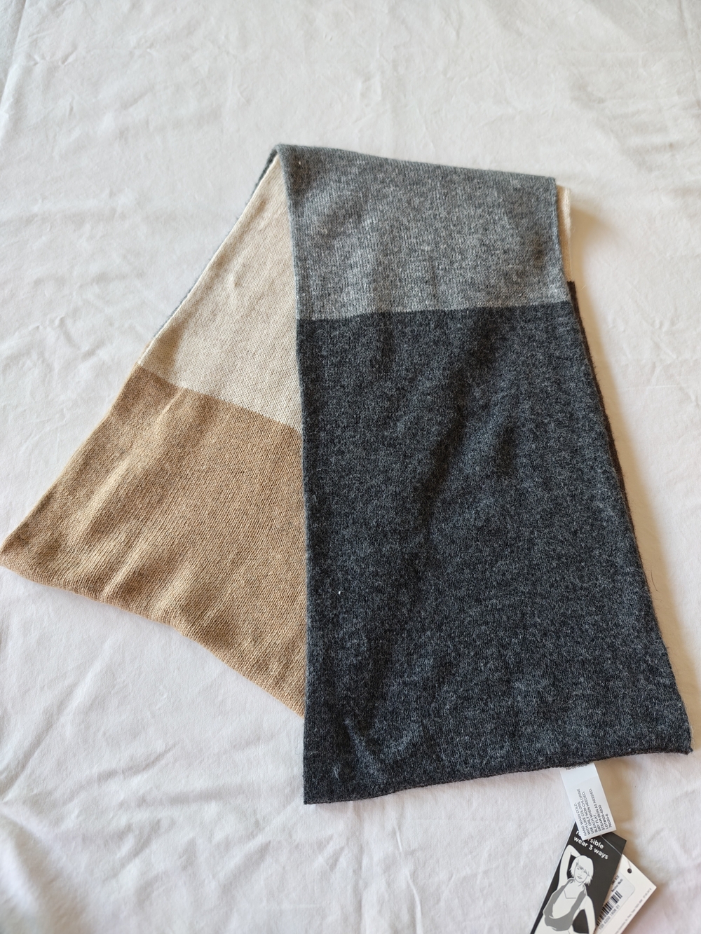 Colorblock Knit Reversible Multi Way Scarf in Gray, Charcoal & Tan